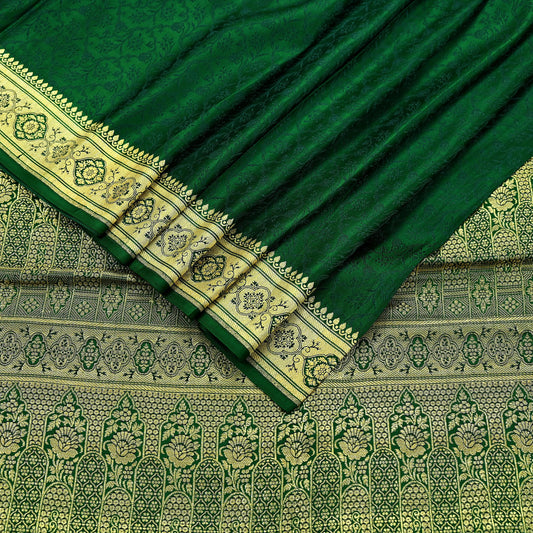 Indian Vintage Green Banarasi Brocade Saree | Heavy Wedding Sari in Pure Satin Silk | Woven Zari Fabric for Crafting, Dressmaking & Decor