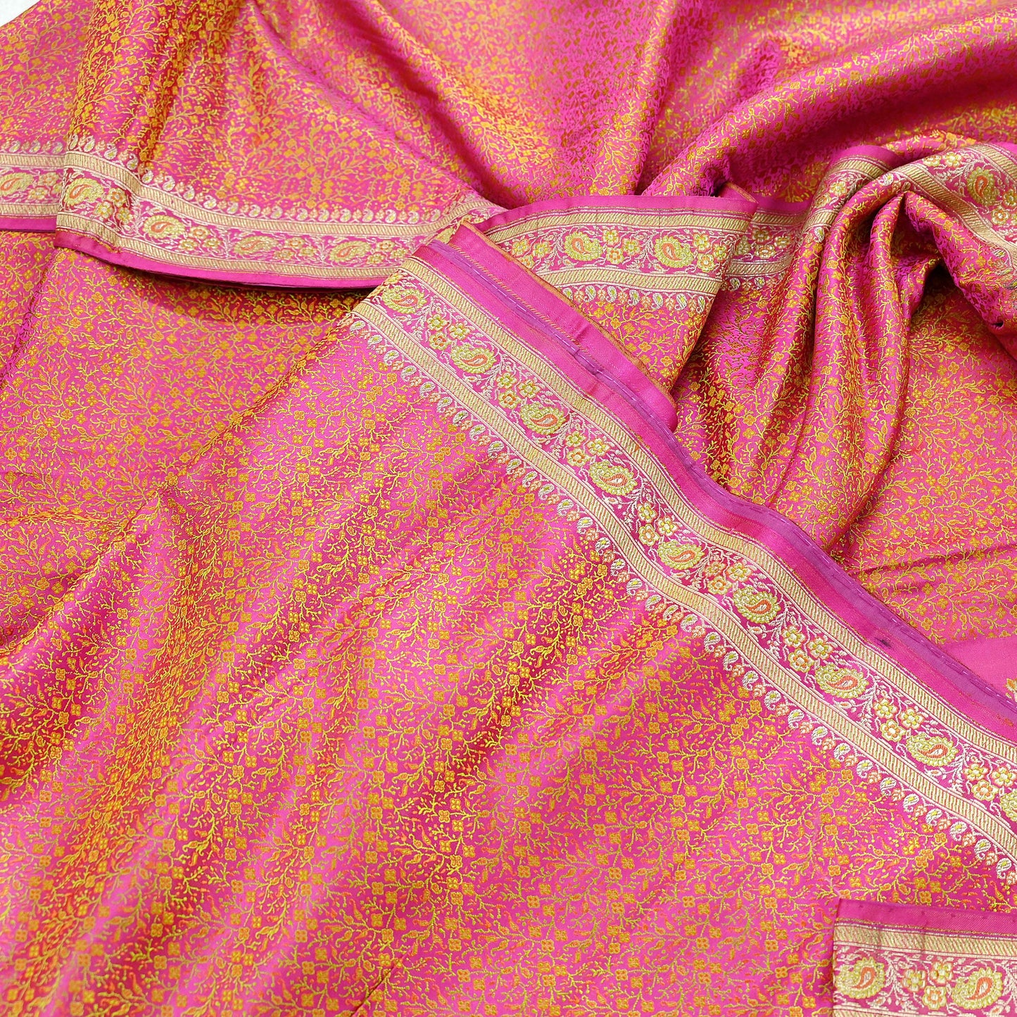 Indian Vintage Rani Pink Banarasi Brocade Saree | Heavy Wedding Sari in Pure Satin Silk | Woven Zari Fabric for Crafting, Dressmaking