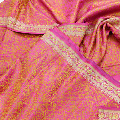 Indian Vintage Rani Pink Banarasi Brocade Saree | Heavy Wedding Sari in Pure Satin Silk | Woven Zari Fabric for Crafting, Dressmaking