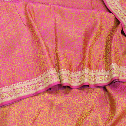 Indian Vintage Rani Pink Banarasi Brocade Saree | Heavy Wedding Sari in Pure Satin Silk | Woven Zari Fabric for Crafting, Dressmaking