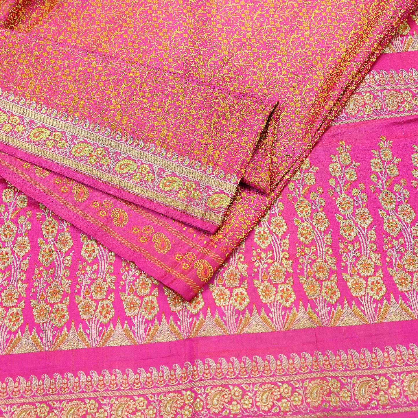 Indian Vintage Rani Pink Banarasi Brocade Saree | Heavy Wedding Sari in Pure Satin Silk | Woven Zari Fabric for Crafting, Dressmaking