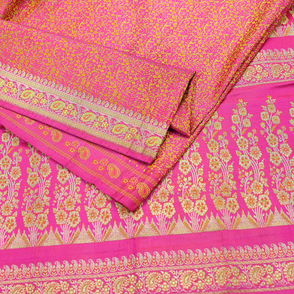 Indian Vintage Rani Pink Banarasi Brocade Saree | Heavy Wedding Sari in Pure Satin Silk | Woven Zari Fabric for Crafting, Dressmaking