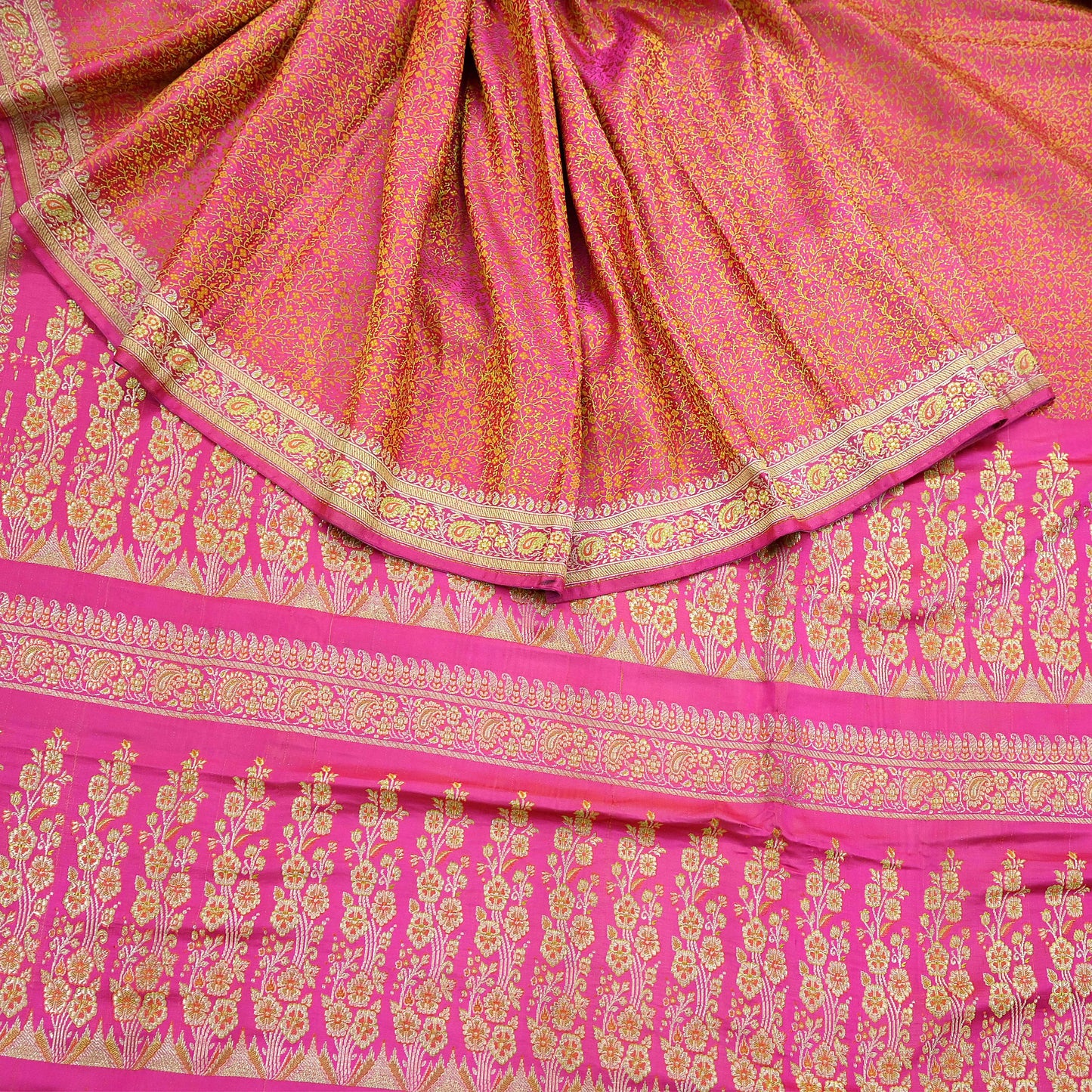 Indian Vintage Rani Pink Banarasi Brocade Saree | Heavy Wedding Sari in Pure Satin Silk | Woven Zari Fabric for Crafting, Dressmaking
