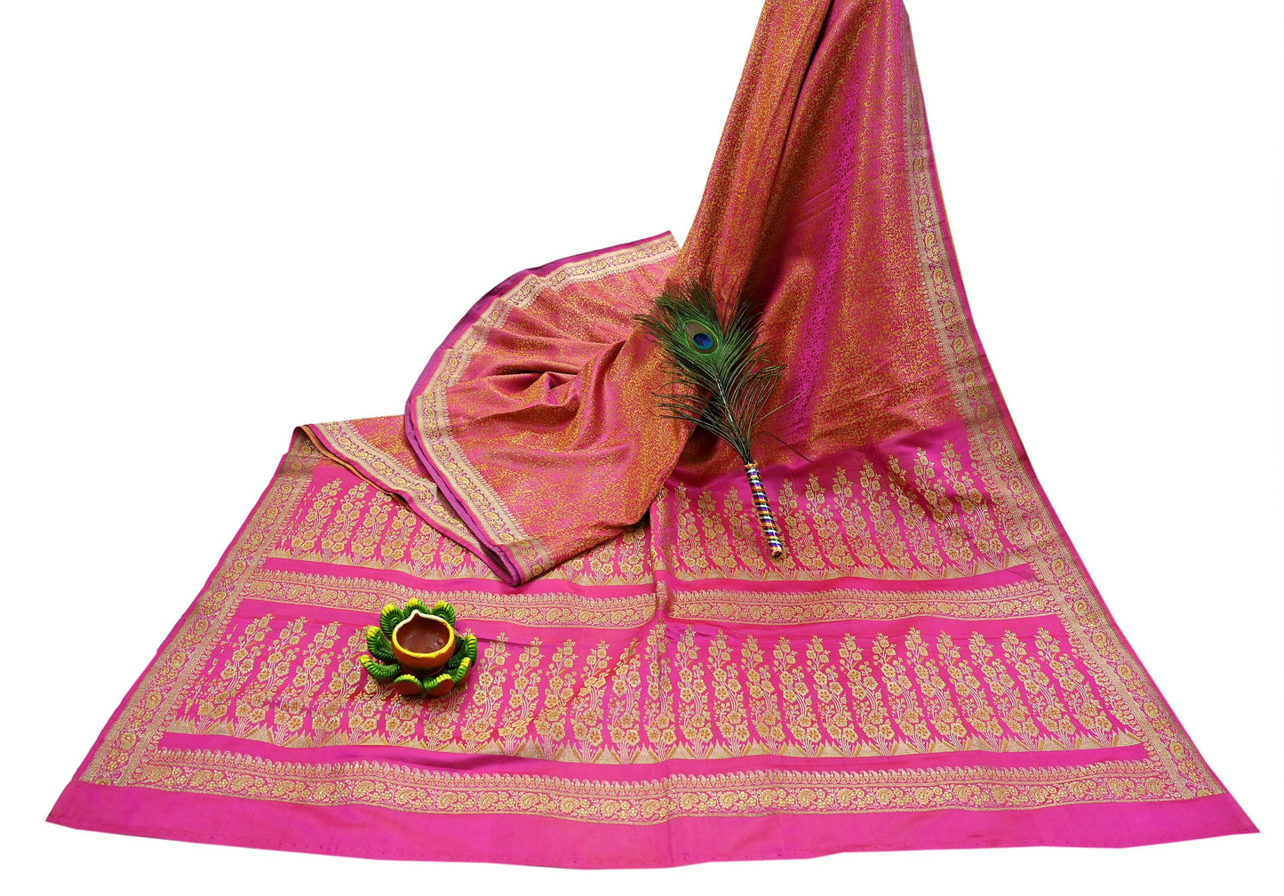 Indian Vintage Rani Pink Banarasi Brocade Saree | Heavy Wedding Sari in Pure Satin Silk | Woven Zari Fabric for Crafting, Dressmaking