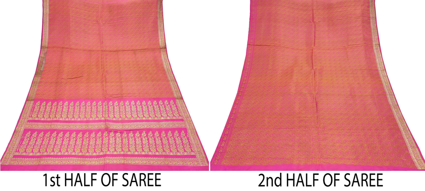 Indian Vintage Rani Pink Banarasi Brocade Saree | Heavy Wedding Sari in Pure Satin Silk | Woven Zari Fabric for Crafting, Dressmaking