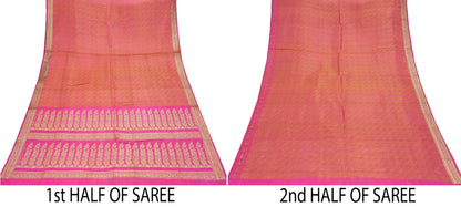 Indian Vintage Rani Pink Banarasi Brocade Saree | Heavy Wedding Sari in Pure Satin Silk | Woven Zari Fabric for Crafting, Dressmaking
