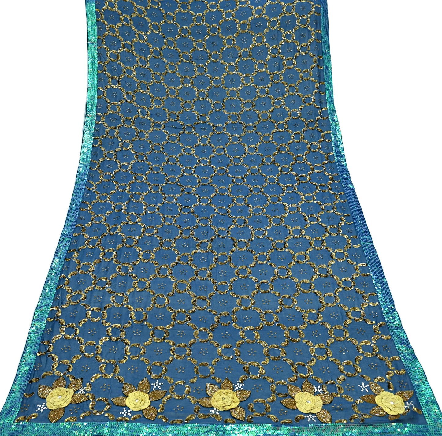 Indian Vintage Heavy Blue Dupatta Pure Georgette silk Long Stole Hand Embroidered Scarves Stole Veil Wrap Sequins