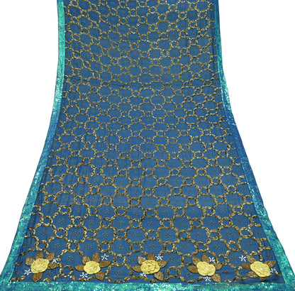 Indian Vintage Heavy Blue Dupatta Pure Georgette silk Long Stole Hand Embroidered Scarves Stole Veil Wrap Sequins