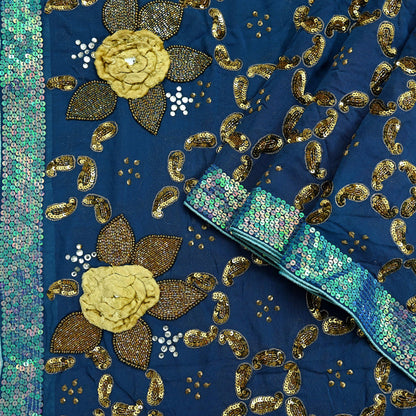 Indian Vintage Heavy Blue Dupatta Pure Georgette silk Long Stole Hand Embroidered Scarves Stole Veil Wrap Sequins