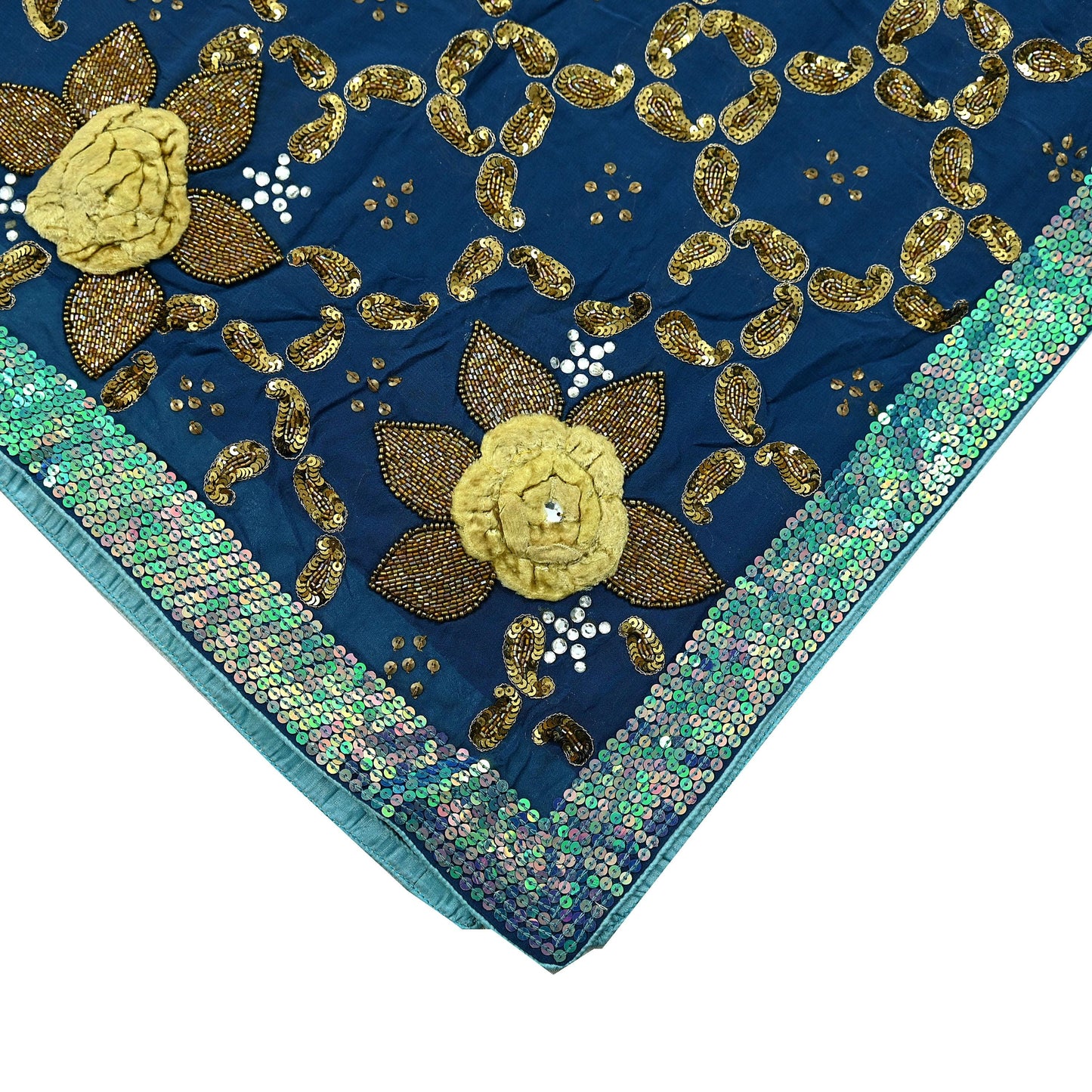 Indian Vintage Heavy Blue Dupatta Pure Georgette silk Long Stole Hand Embroidered Scarves Stole Veil Wrap Sequins