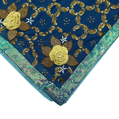Indian Vintage Heavy Blue Dupatta Pure Georgette silk Long Stole Hand Embroidered Scarves Stole Veil Wrap Sequins