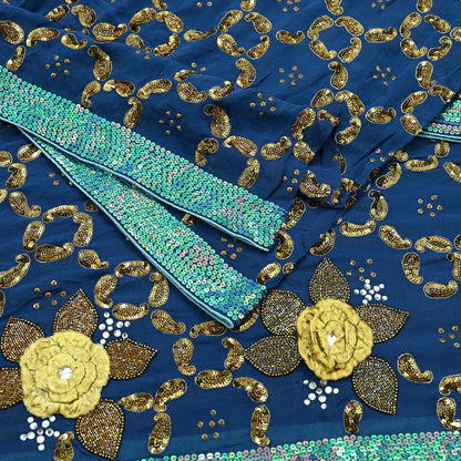 Indian Vintage Heavy Blue Dupatta Pure Georgette silk Long Stole Hand Embroidered Scarves Stole Veil Wrap Sequins