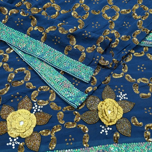 Indian Vintage Heavy Blue Dupatta Pure Georgette silk Long Stole Hand Embroidered Scarves Stole Veil Wrap Sequins