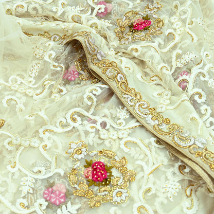 Indian Vintage Heavy Sari White Net/Mesh Embroidered Sarees Fabric 6Yd Sewing Soft Floral Craft Fabric Dress making Crafting Bollywood sari