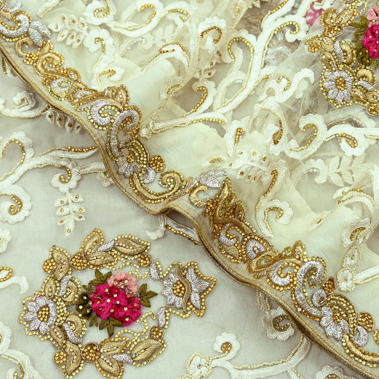 Indian Vintage Heavy Sari White Net/Mesh Embroidered Sarees Fabric 6Yd Sewing Soft Floral Craft Fabric Dress making Crafting Bollywood sari