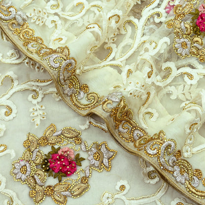 Indian Vintage Heavy Sari White Net/Mesh Embroidered Sarees Fabric 6Yd Sewing Soft Floral Craft Fabric Dress making Crafting Bollywood sari