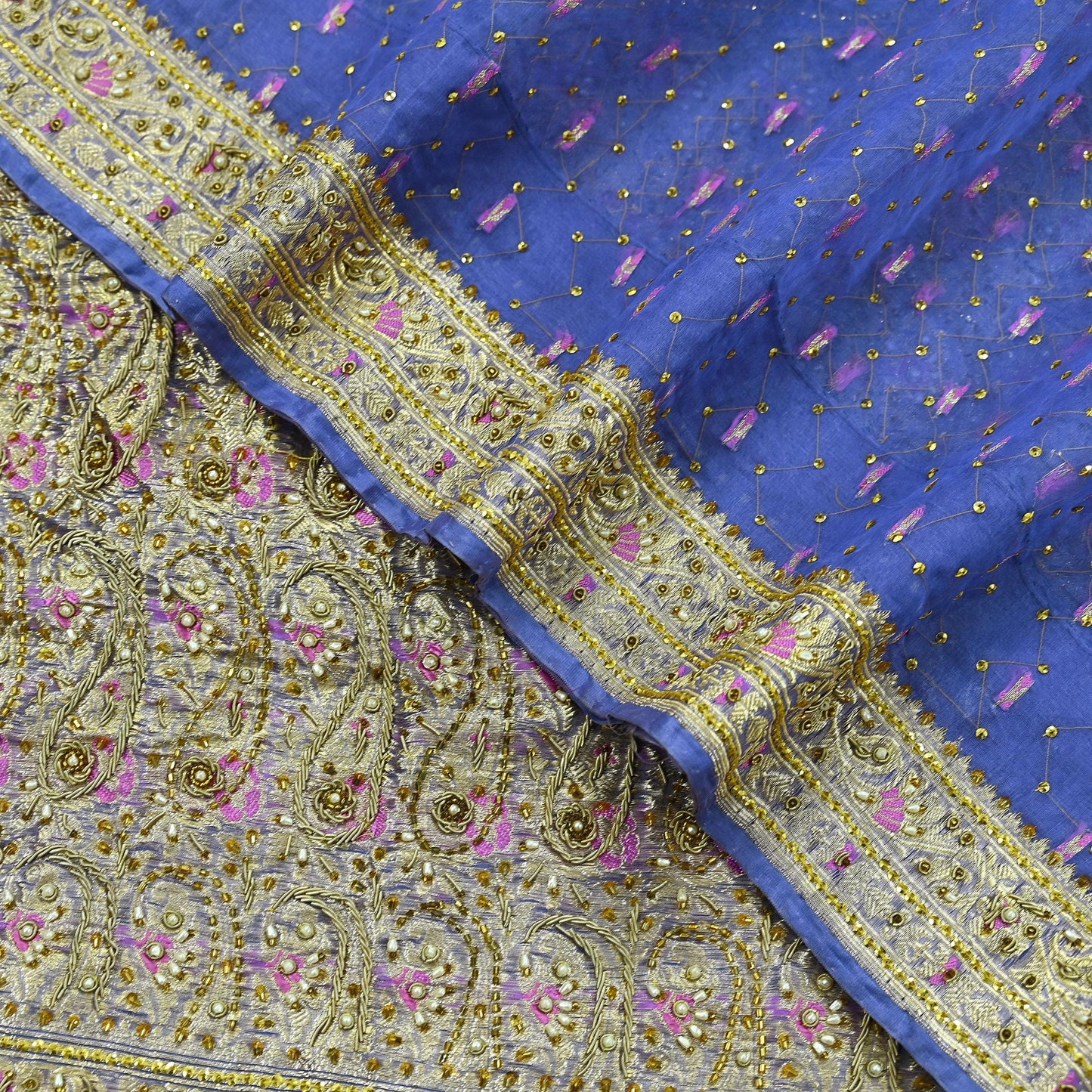 Indian Vintage Heavy Sari Purple Hand Embroidered Saree Pure Organza Silk Craft Fabric 5Yd Ethnic Dress Making Crafting Quilting Zardozi