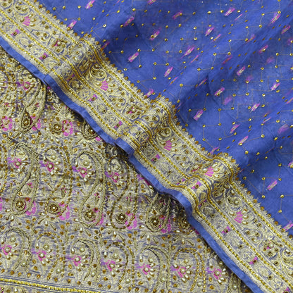 Indian Vintage Heavy Sari Purple Hand Embroidered Saree Pure Organza Silk Craft Fabric 5Yd Ethnic Dress Making Crafting Quilting Zardozi