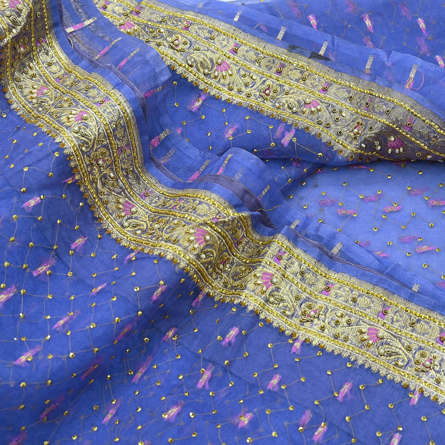 Indian Vintage Heavy Sari Purple Hand Embroidered Saree Pure Organza Silk Craft Fabric 5Yd Ethnic Dress Making Crafting Quilting Zardozi