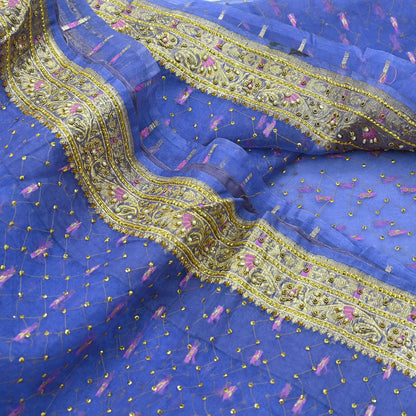 Indian Vintage Heavy Sari Purple Hand Embroidered Saree Pure Organza Silk Craft Fabric 5Yd Ethnic Dress Making Crafting Quilting Zardozi