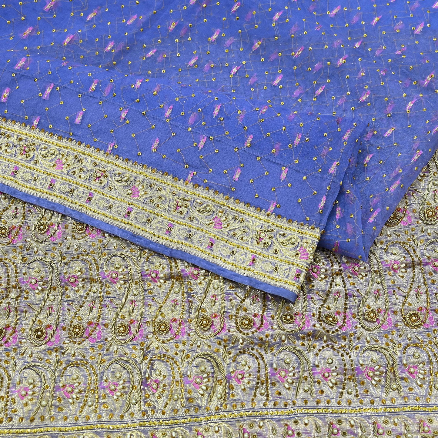 Indian Vintage Heavy Sari Purple Hand Embroidered Saree Pure Organza Silk Craft Fabric 5Yd Ethnic Dress Making Crafting Quilting Zardozi