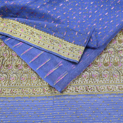 Indian Vintage Heavy Sari Purple Hand Embroidered Saree Pure Organza Silk Craft Fabric 5Yd Ethnic Dress Making Crafting Quilting Zardozi