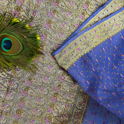 Indian Vintage Heavy Sari Purple Hand Embroidered Saree Pure Organza Silk Craft Fabric 5Yd Ethnic Dress Making Crafting Quilting Zardozi