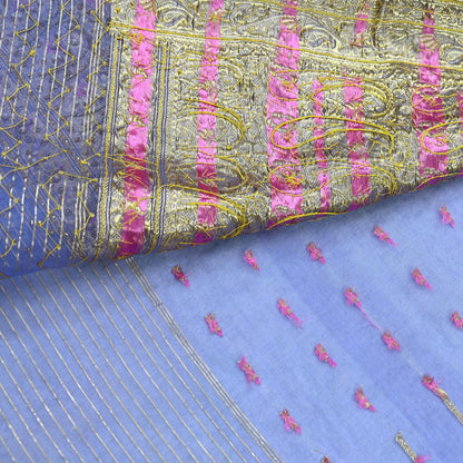 Indian Vintage Heavy Sari Purple Hand Embroidered Saree Pure Organza Silk Craft Fabric 5Yd Ethnic Dress Making Crafting Quilting Zardozi