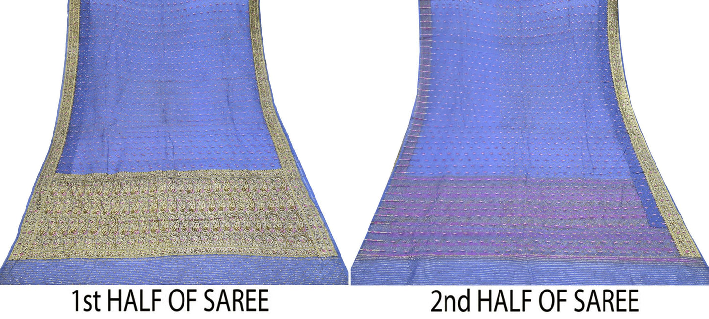 Indian Vintage Heavy Sari Purple Hand Embroidered Saree Pure Organza Silk Craft Fabric 5Yd Ethnic Dress Making Crafting Quilting Zardozi