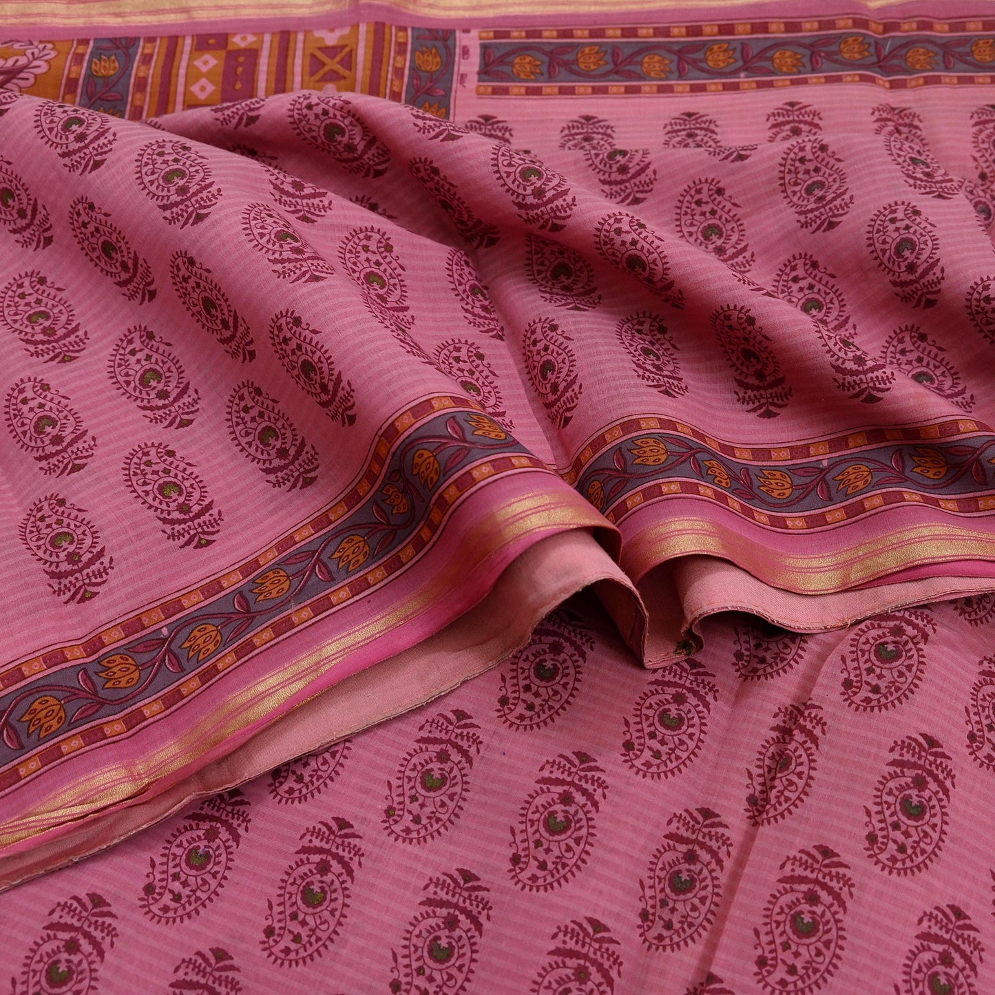 Indian Vintage Pink Saree Blend Cotton Block Printed Sari Craft Fabric 5Yd Soft Sewing Sarong Wrap Floral Dress Making Crafting Quilting
