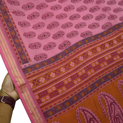 Indian Vintage Pink Saree Blend Cotton Block Printed Sari Craft Fabric 5Yd Soft Sewing Sarong Wrap Floral Dress Making Crafting Quilting