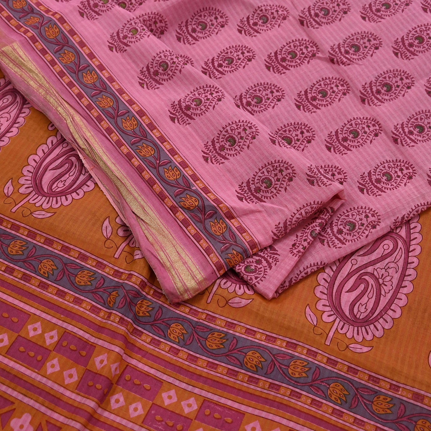 Indian Vintage Pink Saree Blend Cotton Block Printed Sari Craft Fabric 5Yd Soft Sewing Sarong Wrap Floral Dress Making Crafting Quilting