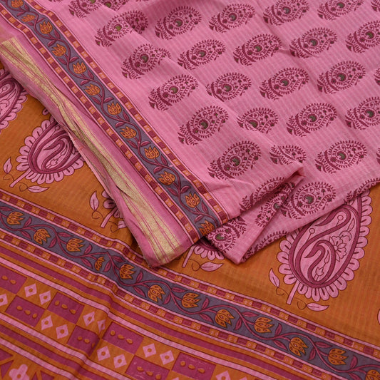 Indian Vintage Pink Saree Blend Cotton Block Printed Sari Craft Fabric 5Yd Soft Sewing Sarong Wrap Floral Dress Making Crafting Quilting