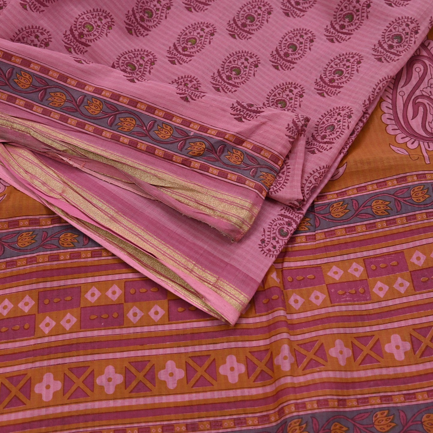 Indian Vintage Pink Saree Blend Cotton Block Printed Sari Craft Fabric 5Yd Soft Sewing Sarong Wrap Floral Dress Making Crafting Quilting