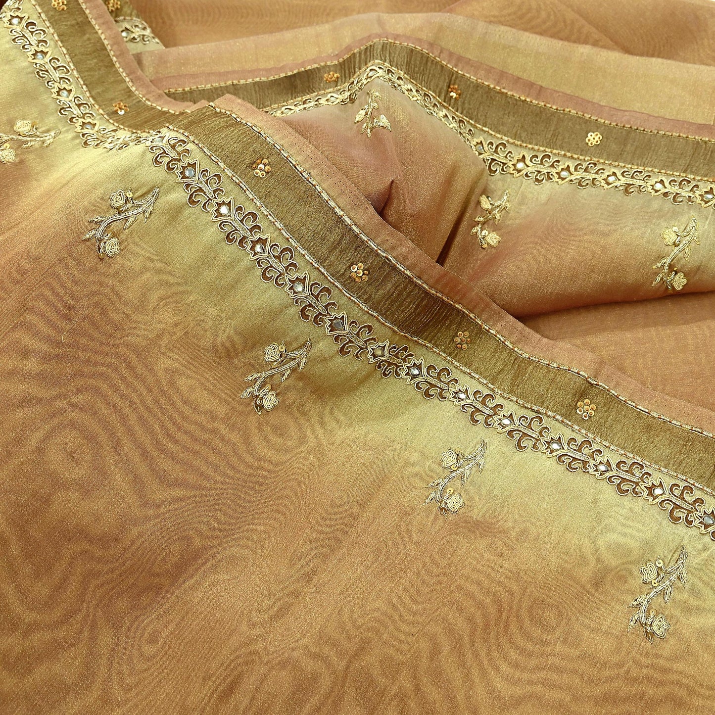 Indian Vintage Sari Golden Tissue Hand Embroidered Sarees Craft Fabric 5Yd Sewing Soft Ethnic Zardozi/Zari Dress making Crafting Upcycle