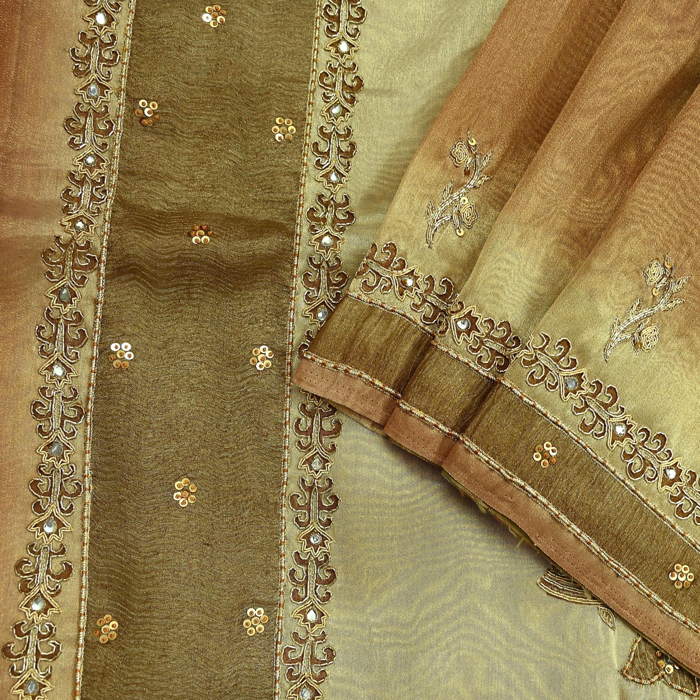 Indian Vintage Sari Golden Tissue Hand Embroidered Sarees Craft Fabric 5Yd Sewing Soft Ethnic Zardozi/Zari Dress making Crafting Upcycle