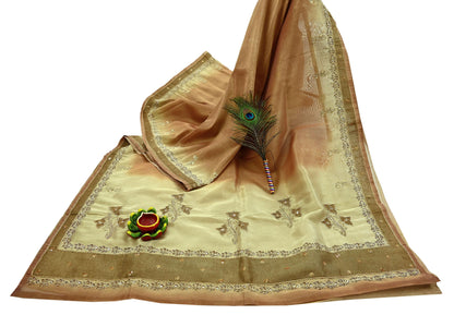 Indian Vintage Sari Golden Tissue Hand Embroidered Sarees Craft Fabric 5Yd Sewing Soft Ethnic Zardozi/Zari Dress making Crafting Upcycle