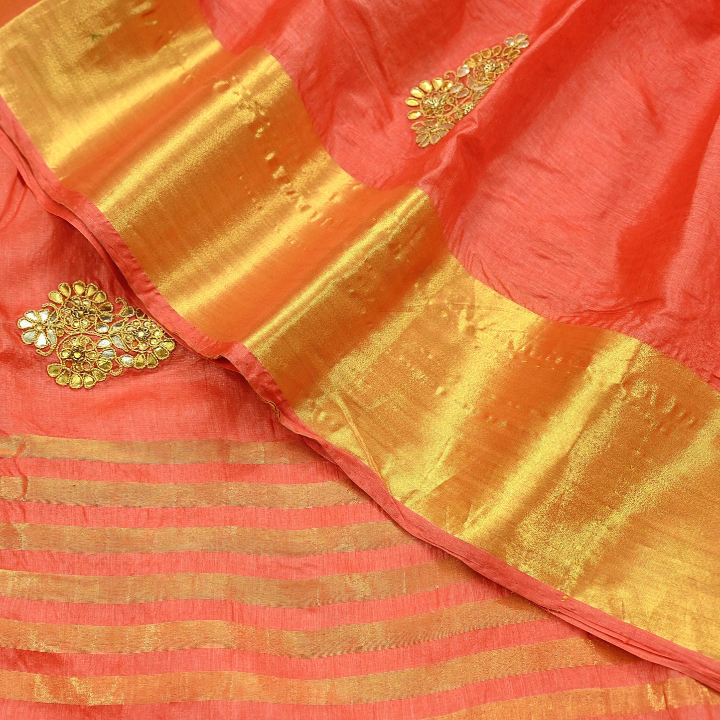 Indian Vintage Orange Sari Pure Tussar Silk Hand Embroidered Sarees Craft Fabric 5Yd Sewing Ethnic Sequins Dress making Crafting Quilting