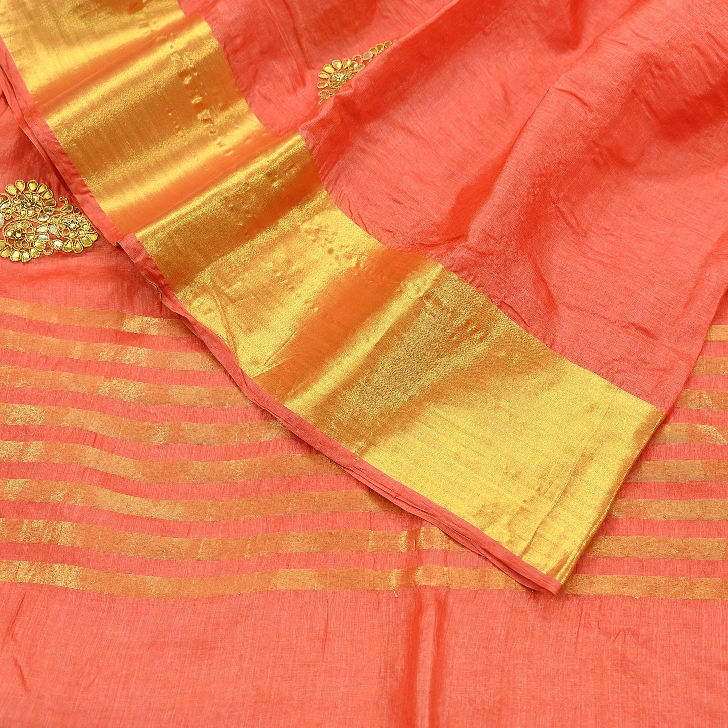 Indian Vintage Orange Sari Pure Tussar Silk Hand Embroidered Sarees Craft Fabric 5Yd Sewing Ethnic Sequins Dress making Crafting Quilting