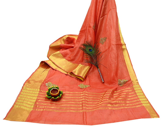 Indian Vintage Orange Sari Pure Tussar Silk Hand Embroidered Sarees Craft Fabric 5Yd Sewing Ethnic Sequins Dress making Crafting Quilting