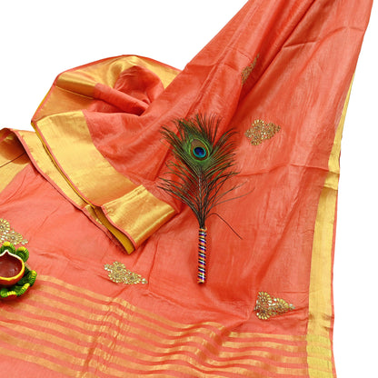 Indian Vintage Orange Sari Pure Tussar Silk Hand Embroidered Sarees Craft Fabric 5Yd Sewing Ethnic Sequins Dress making Crafting Quilting