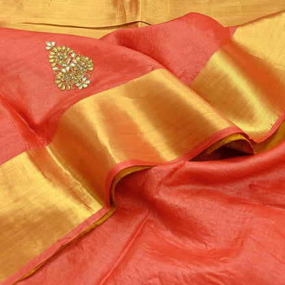 Indian Vintage Orange Sari Pure Tussar Silk Hand Embroidered Sarees Craft Fabric 5Yd Sewing Ethnic Sequins Dress making Crafting Quilting