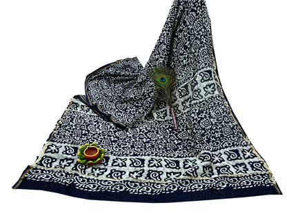 Indian Vintage Sari Blue & White Pure chanderi Silk Block Printed Sarees Craft Fabric 5Yd Floral Dress making bollywood silk sarees