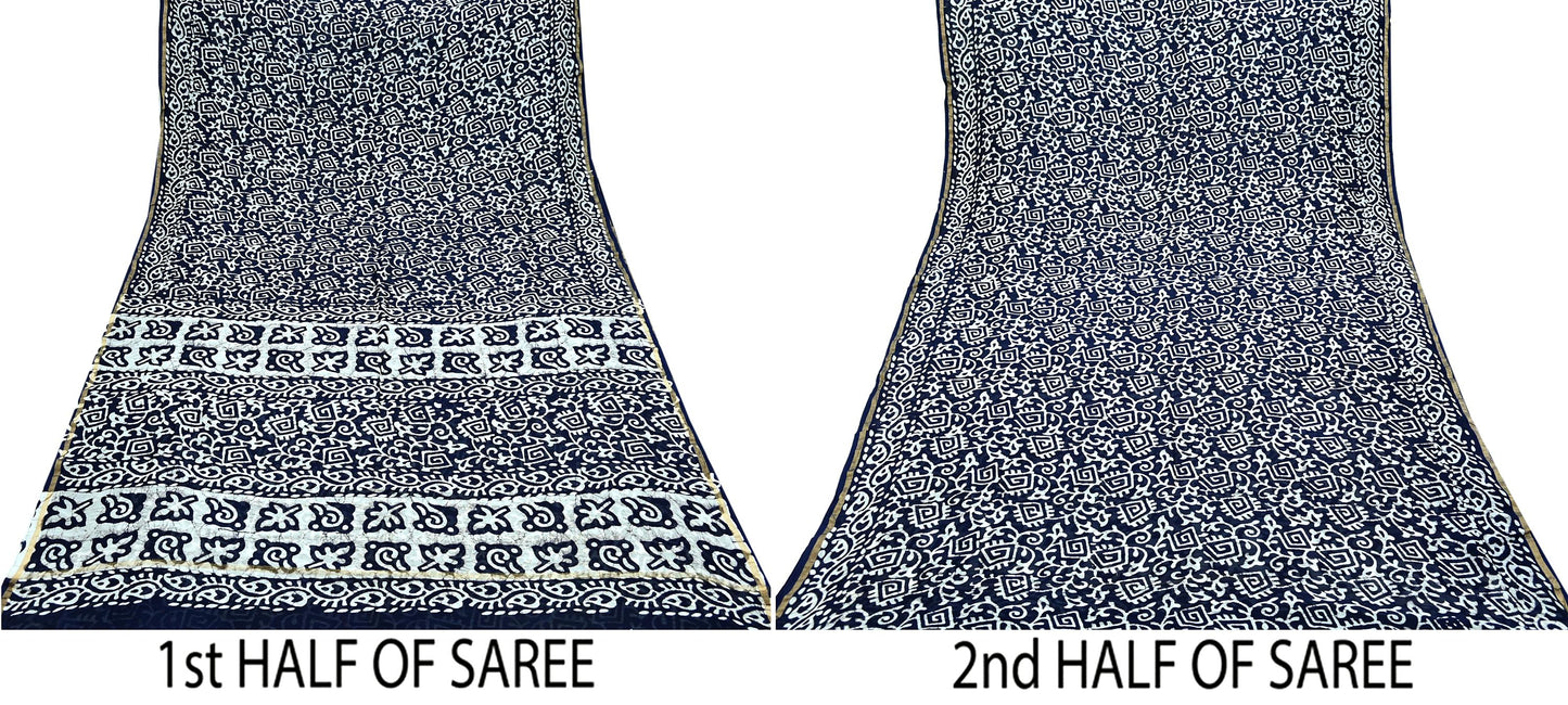 Indian Vintage Sari Blue & White Pure chanderi Silk Block Printed Sarees Craft Fabric 5Yd Floral Dress making bollywood silk sarees