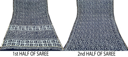 Indian Vintage Sari Blue & White Pure chanderi Silk Block Printed Sarees Craft Fabric 5Yd Floral Dress making bollywood silk sarees