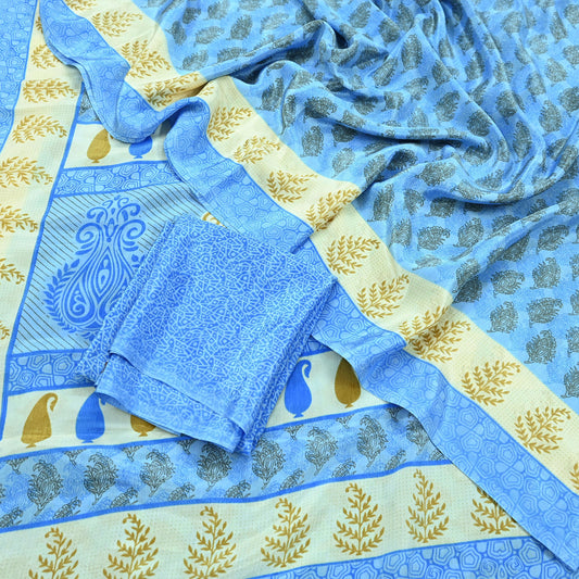 Indian Vintage Blue Moss Crepe Printed Saree | Floral Design | 5 Yards | Soft Craft Fabric for Dressmaking, Décor, Quilting, & Upcycling