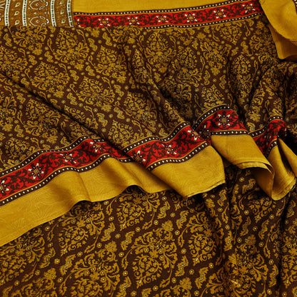 Indian Vintage Green Moss Crepe Saree | Printed Floral Sari Fabric | 6 Yards | Soft Craft Fabric for Sewing, Dressmaking, Quilting,Upcycling