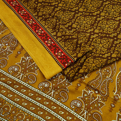 Indian Vintage Green Moss Crepe Saree | Printed Floral Sari Fabric | 6 Yards | Soft Craft Fabric for Sewing, Dressmaking, Quilting,Upcycling