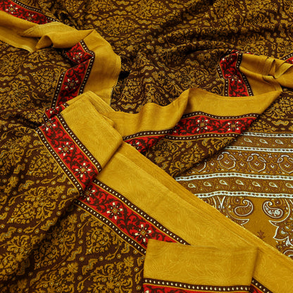 Indian Vintage Green Moss Crepe Saree | Printed Floral Sari Fabric | 6 Yards | Soft Craft Fabric for Sewing, Dressmaking, Quilting,Upcycling