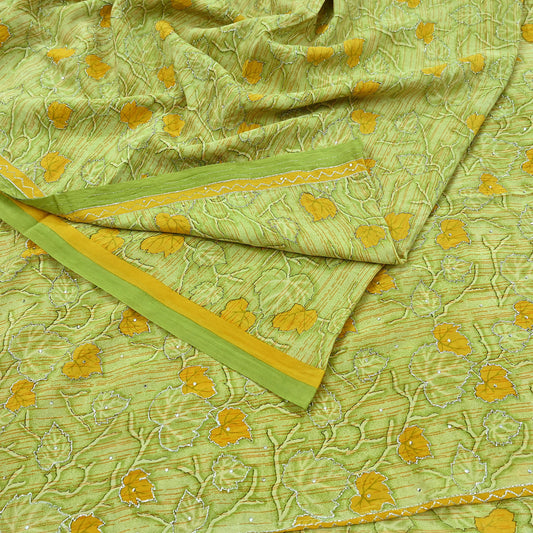 Indian Vintage Sari Green & Ivory Pure Crepe Silk Hand Embroidered Saree 5yd Sewing Floral Craft Fabric Dress making For Crafting Upcycle